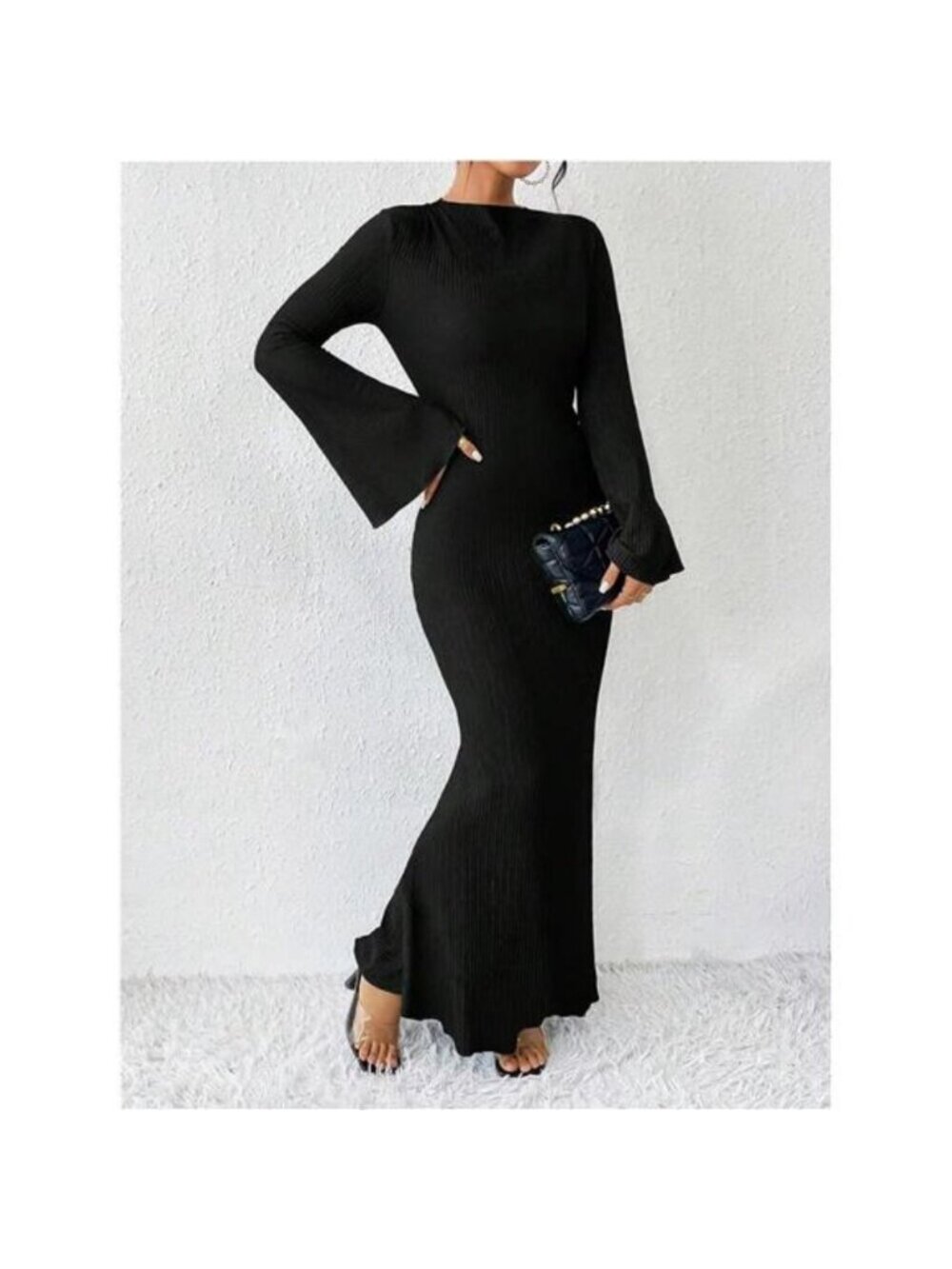 Women's Bell Long Sleeve Maxi Dress Crew Neck Bodycon Fishtail Long Dress - Picture 3 of 6